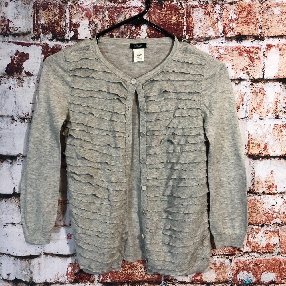 J. Crew grey ruffle front cardigan